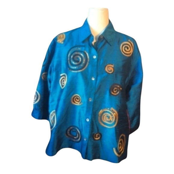 Vtg 70s 100% silk blouse peacock blue rhinestone embellished scroll pattern sz L - Picture 1 of 14